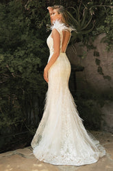 Embellished White Evening Gown With Feathers